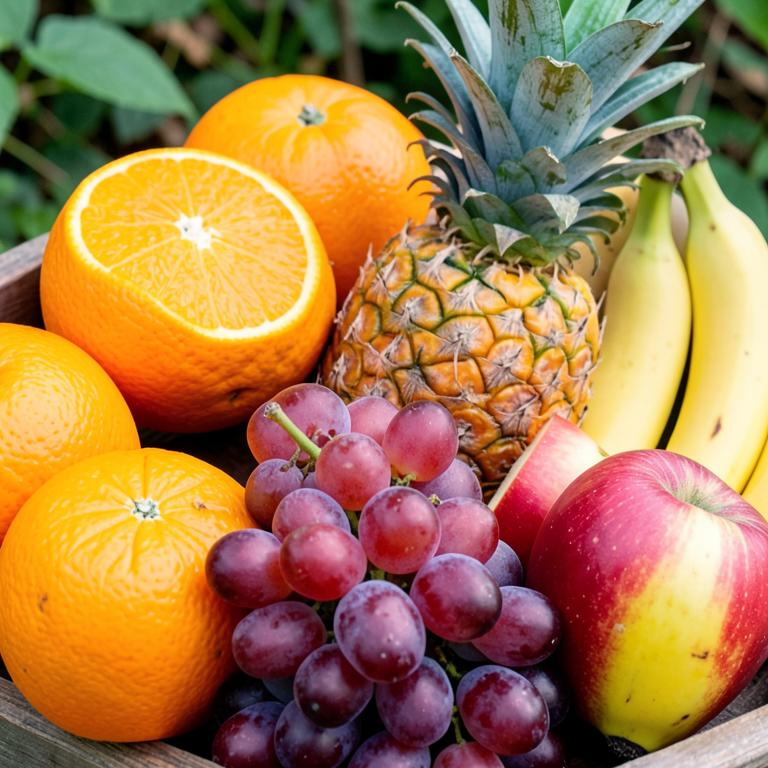 Oranges, pineapple, bananas, grapes and apples in a crate