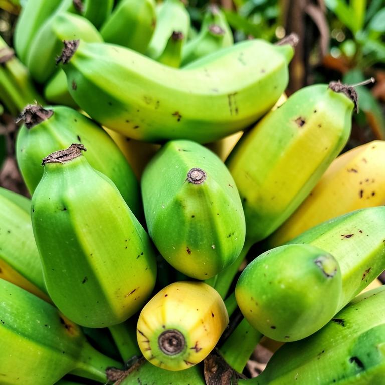 A bunch of green and yellow plantains