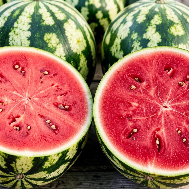 Whole and halved watermelons with red flesh